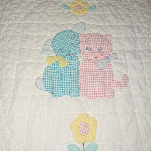 Vintage Handmade Hand Quilted Baby Quilt Dog Kitty Gingham - Picture 3 of 8